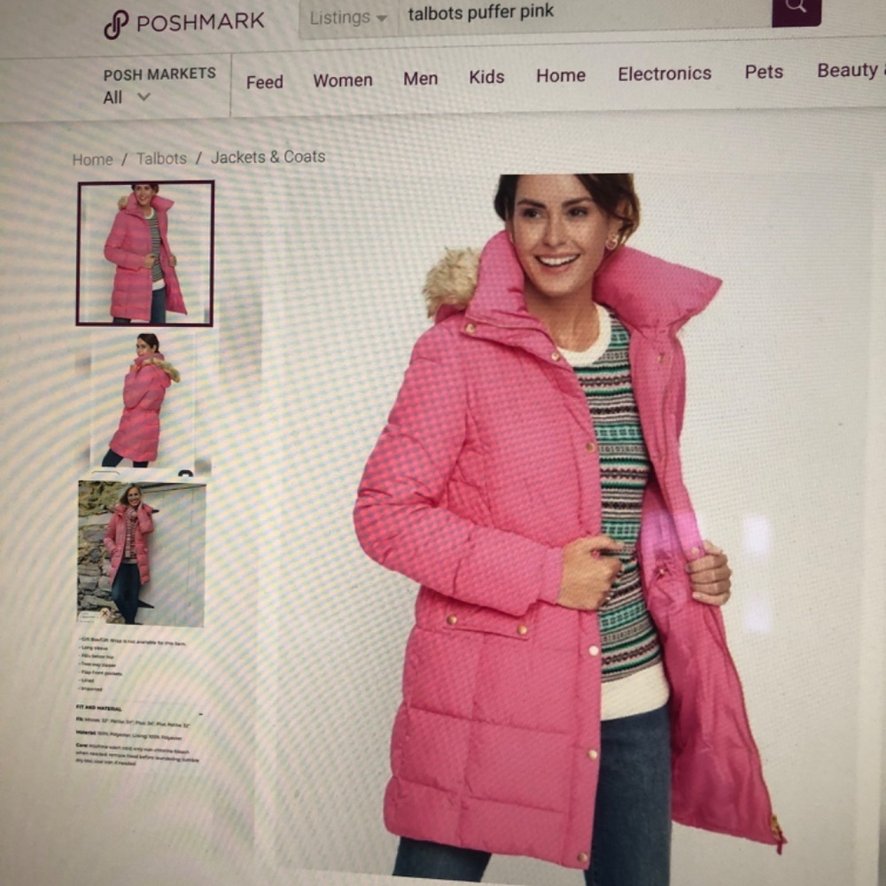 NWT Talbots Pink Puffer Coat Removeable faux fur trim hood size medium $199